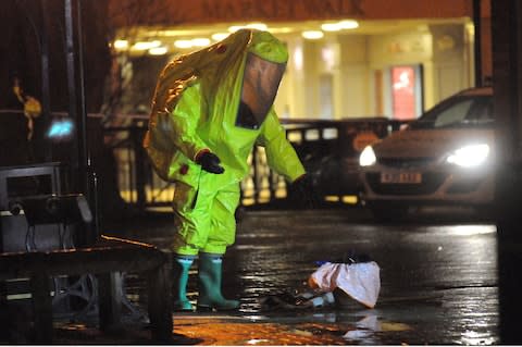 Chemical suit is worn by emergency response in Salisbury - Credit: Solent News