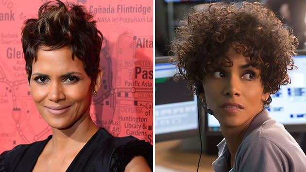 Halle Berry's normal 'do, left, and her curly hair in 'The Call' 