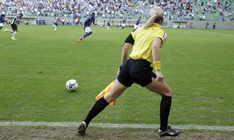 Brazil's referee assistant Fernanda Colombo Uliana attends the Brazilian championship soccer match between Atletico Mineiro and Cruzeiro in Belo Horizonte