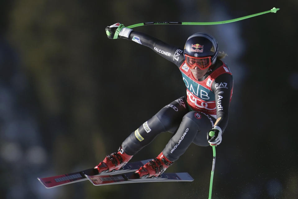 Italy's Sofia Goggia speeds down the course during an alpine ski, World Cup women's downhill race, in Kvitfjell, Norway, Saturday, March 4, 2023. (Stian Lysberg Solum/NTB Scanpix via AP)