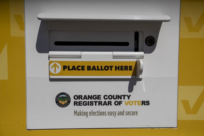SANTA ANA, CA - OCTOBER 13: A view of an official Orange County Registrar of Voters ballot Drop Box for the 2020 Presidential General Election at Memorial Park in Santa Ana on Tuesday, Oct. 13, 2020. (Allen J. Schaben / Los Angeles Times)
