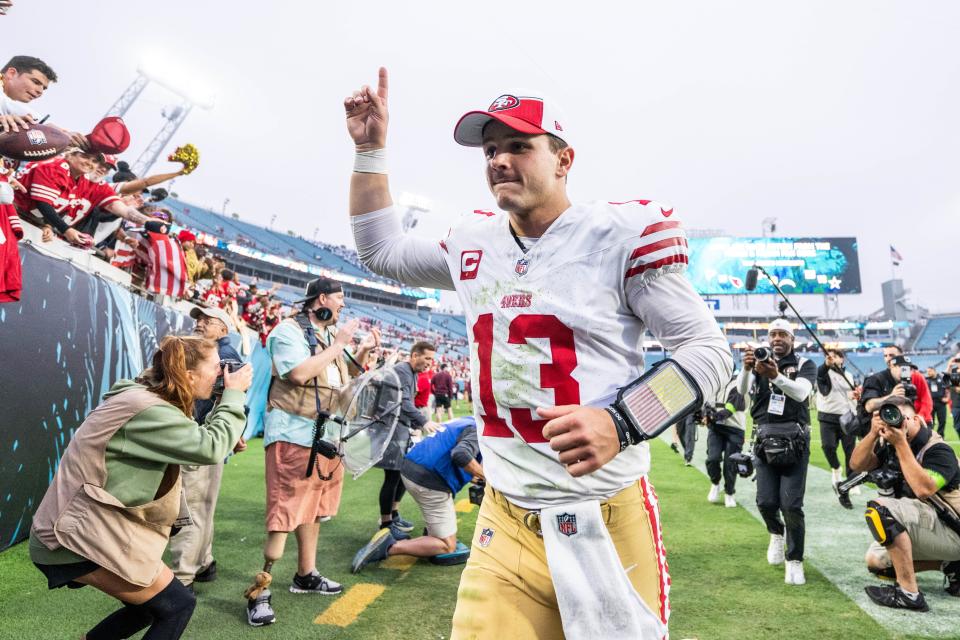 San Francisco 49ers quarterback Brock Purdy completed 19 of 26 passes for 296 yards and three touchdowns in Sunday's 34-3 win over the Jacksonville Jaguars.