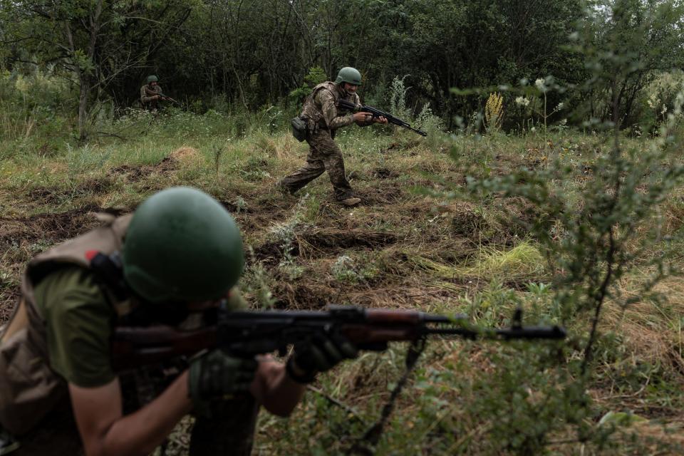 Ukrainian soldiers of the 57th Brigade during tactical training in Donetsk oblast, Ukraine on July 9, 2023.