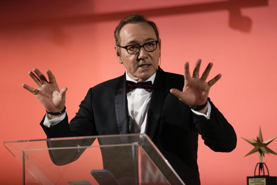 Actor Kevin Spacey talks at the National Museum of Cinema in Turin, Italy, Monday, Jan. 16, 2023. Kevin Spacey was in the northern Italian city of Turin on Monday to receive the lifetime achievement award, teach a master class and introduce a screening of the 1999 film "American Beauty." (AP Photo/Luca Bruno)