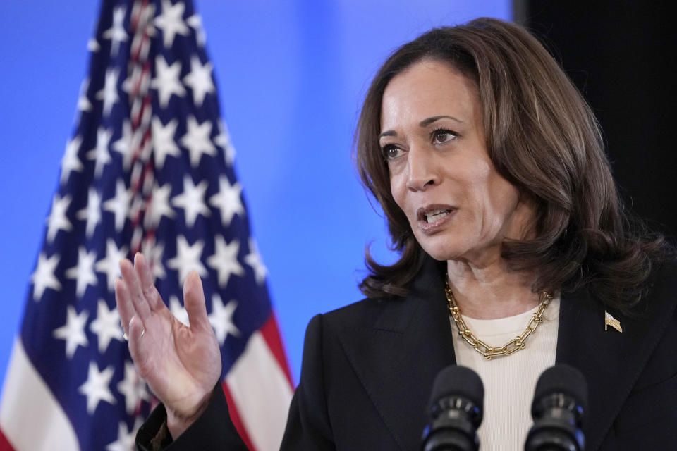 Vice President Kamala Harris speaks about conflict sexual violence before a screening of "Screams Before Silence," in the Eisenhower Executive Office Building on the White House complex in Washington, Monday, June 17, 2024. The presenter-led documentary film with Sheryl Sandberg, former COO of Meta, is about the rape and mutilation of Israeli women on Oct. 7. (AP Photo/Susan Walsh)