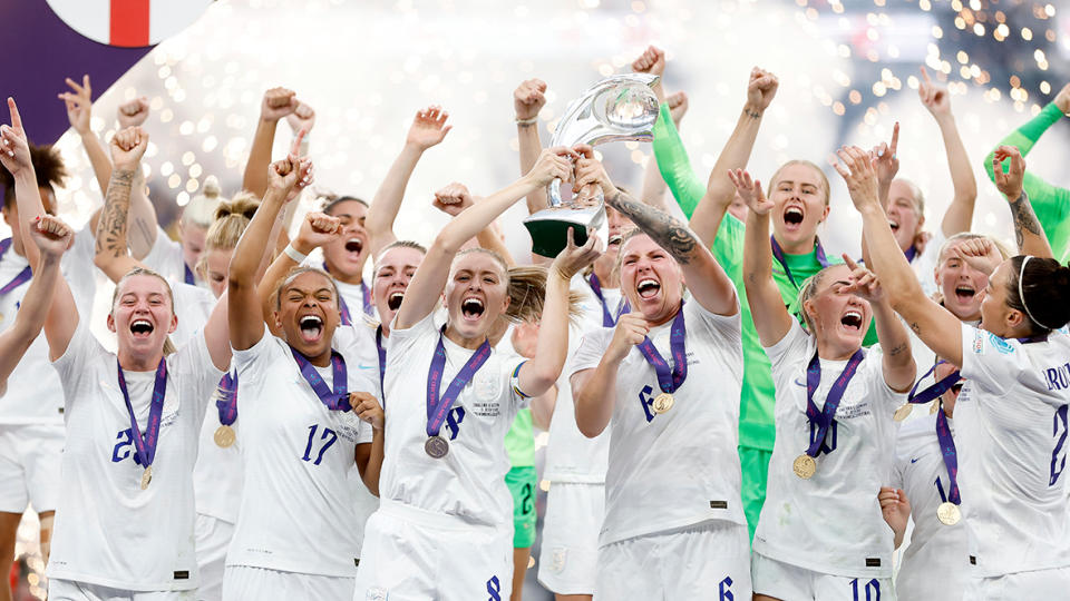 Team UK celebrating their win at the Women's Euros 2022
