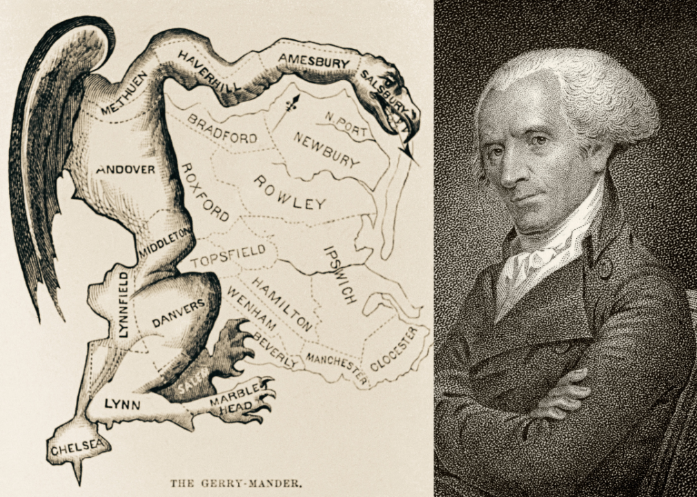 Engraving of Elbridge Gerry with a Gilbert Stuart political cartoon of a Massachusetts electoral district.