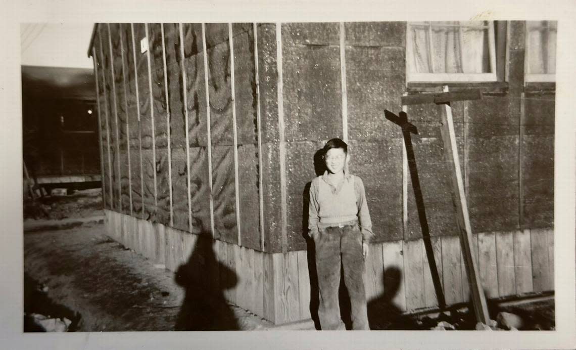Akio Ideta, Associated Press photographer Lindsey Wasson’s grandfather, poses at Minidoka, in Jerome, Idaho, in 1942.