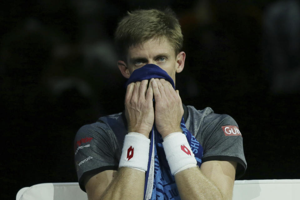 Kevin Anderson of South Africa looks dejected after losing a game to Novak Djokovic of Serbia in their ATP World Tour Finals singles tennis match at the O2 Arena in London, Saturday Nov. 17, 2018. (AP Photo/Tim Ireland)