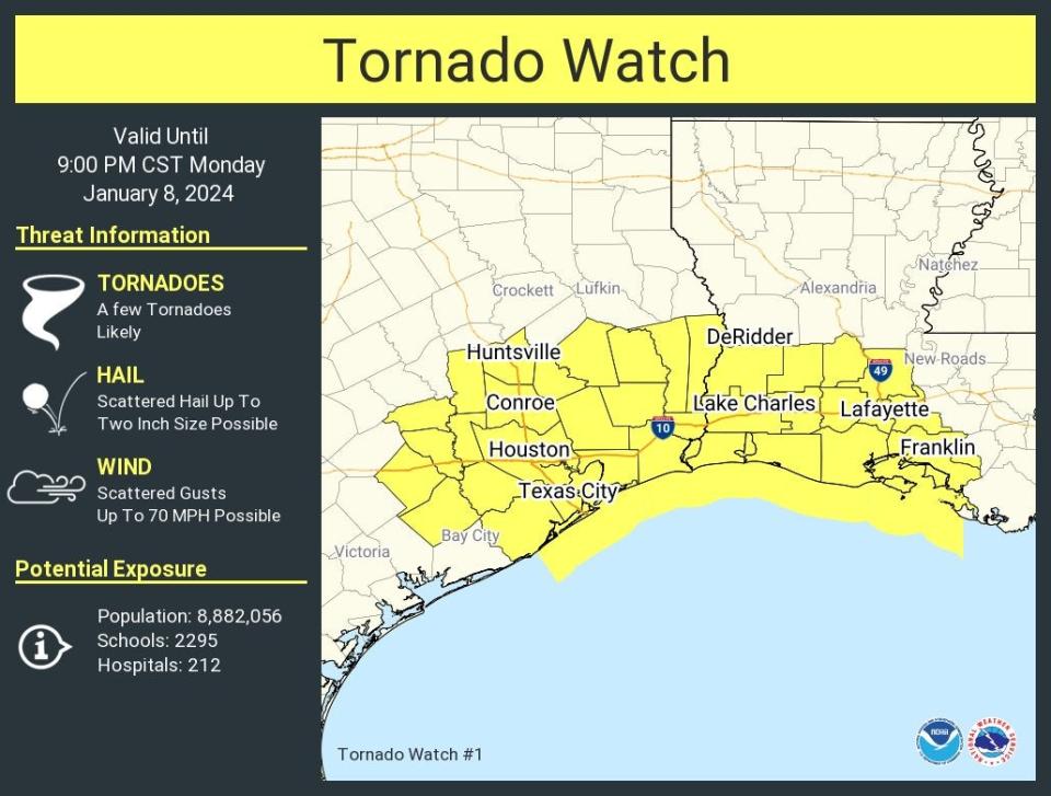 A tornado watch from Houston, Texas to Franklin, Louisiana is impacting nearly 9 million people (National Weather Service)