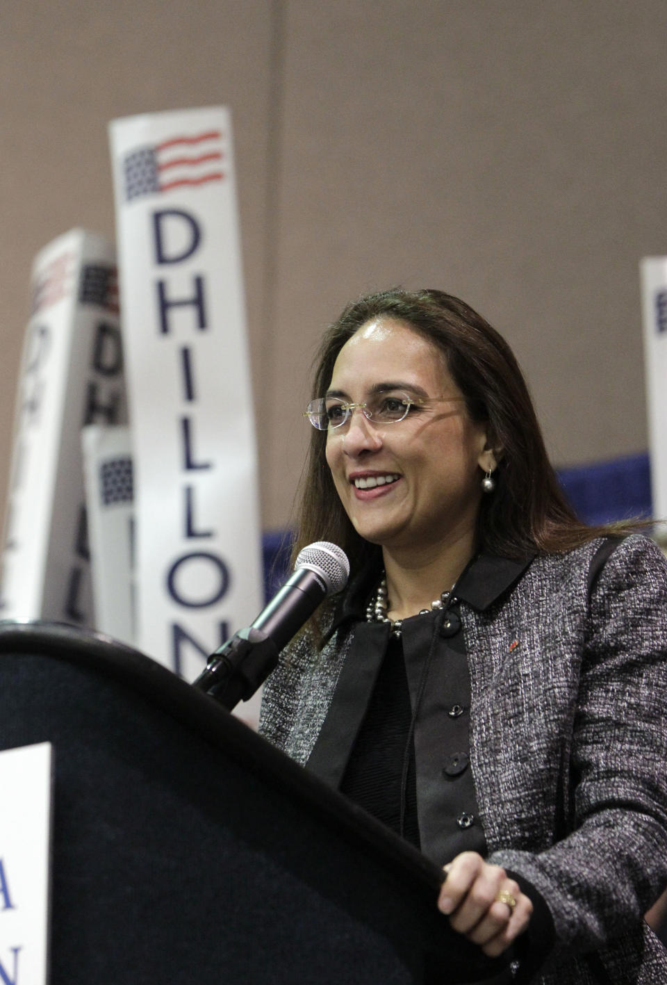 In this photo taken March 3, 2013, San Francisco attorney Harmeet Dhillon speaks at the California State Republican convention where she was elected as the party's vice chairperson, the first woman to hold the position. Dhillion is among a growing roster of candidates and elected officials of Indian descent.(AP Photo/Rich Pedroncelli)