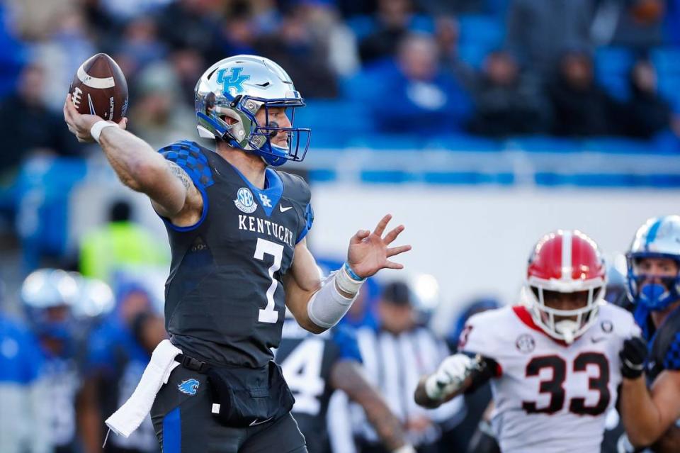 Kentucky Wildcats quarterback Will Levis (7) throws a pass down field against the Georgia Bulldogs in the first half of the game at Kroger Field in Lexington, Ky., Saturday, November 19, 2022.
