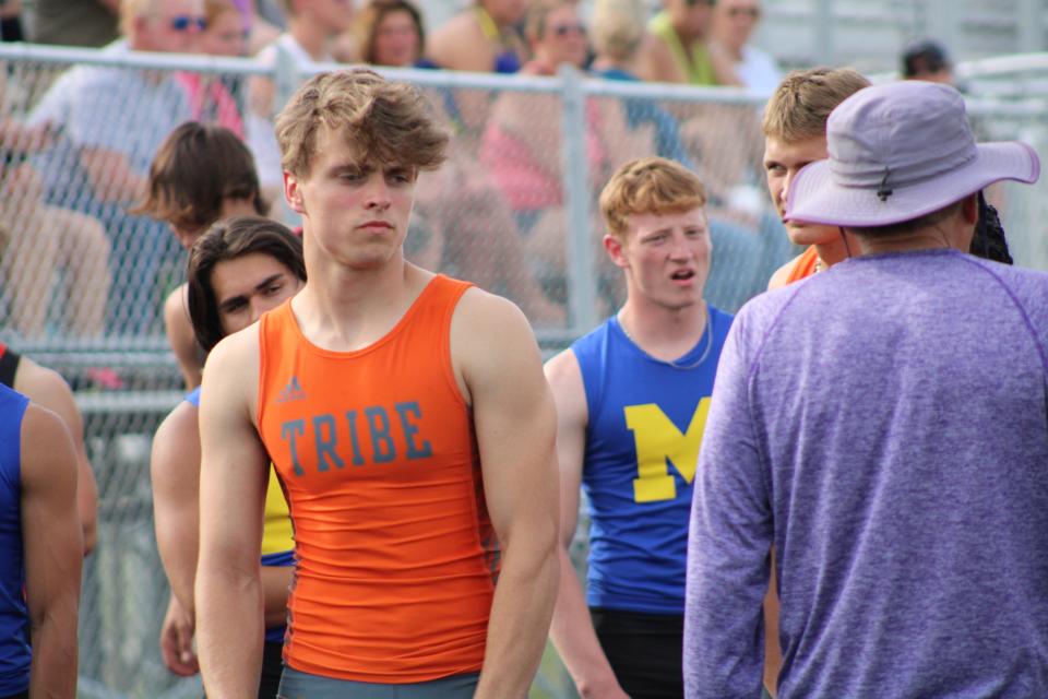 Tecumseh's AJ Bryan awaits the start of the 4x100 relay during the Lenawee County Track and Field Championships at Onsted.