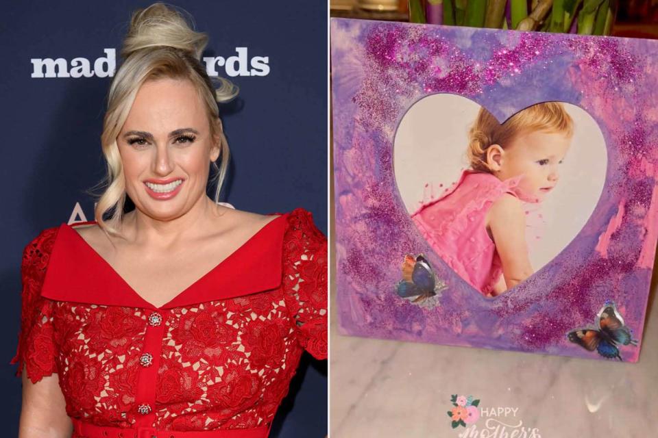 <p>Karwai Tang/WireImage; rebel wilson/Instagram</p> Rebel Wilson (L) and a card she received for Mother