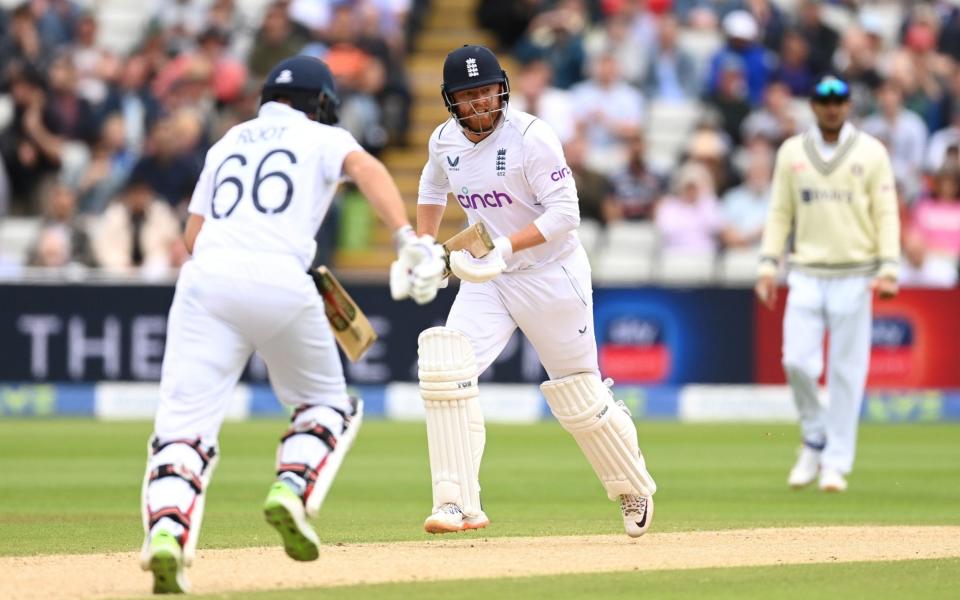 Jonny Bairstow of England and Joe Root of England score runs during day five of Fifth LV= Insurance Test Match between England and India at Edgbaston  - Gareth Copley/Getty Images