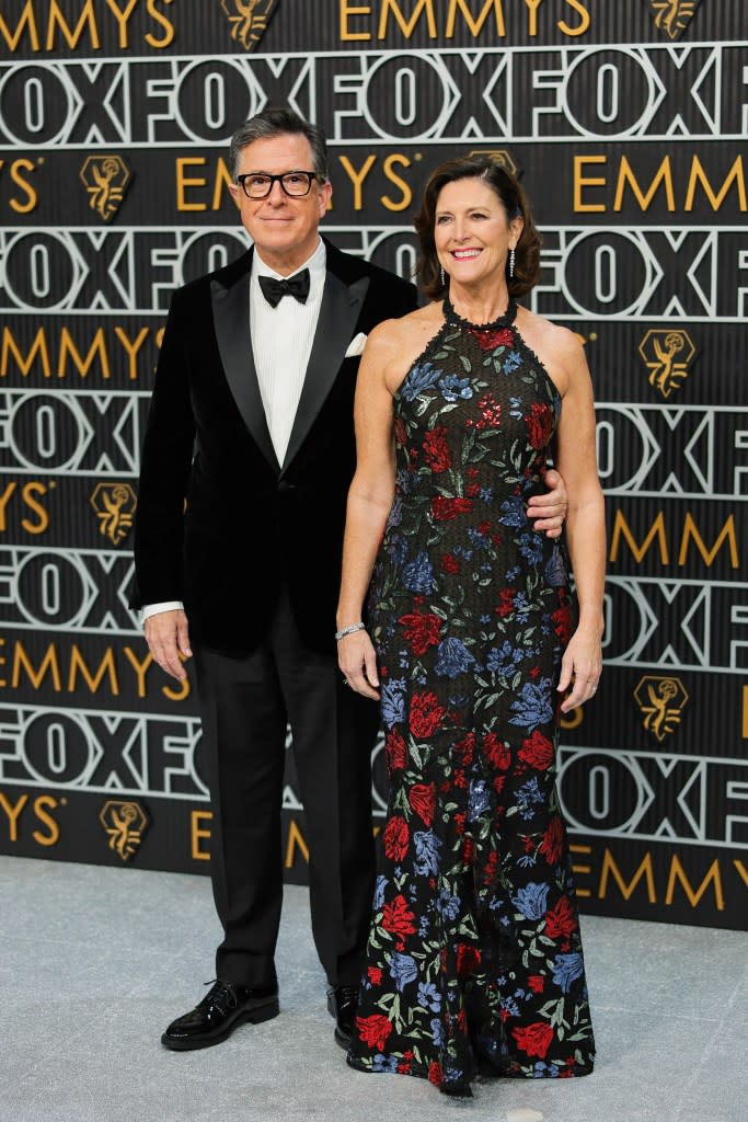 (L-R) Stephen Colbert and Evelyn McGee attend the 75th Primetime Emmy Awards at Peacock Theater on January 15, 2024 in Los Angeles, California.