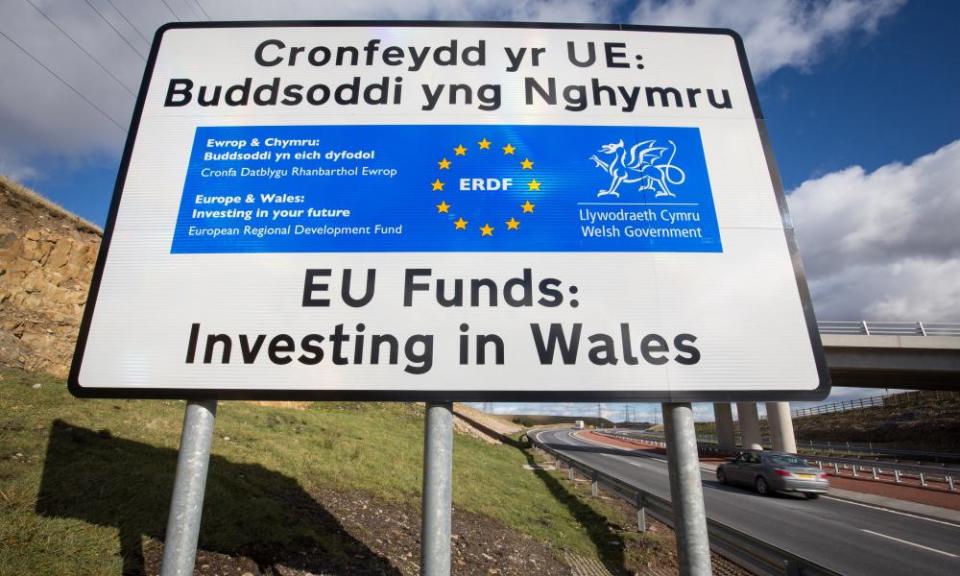 An EU investment sign in Ebbw Vale, Wales.