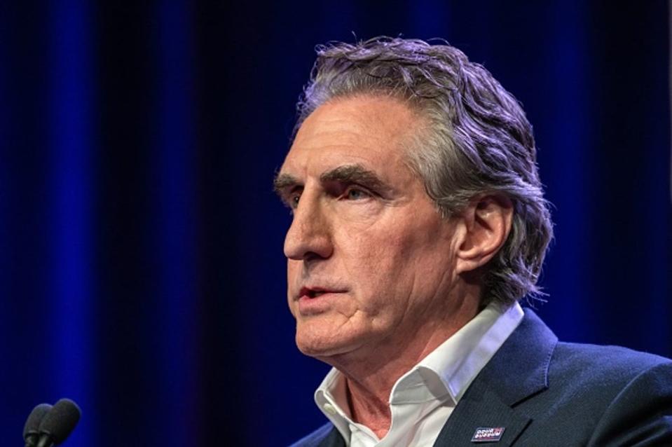 North Dakota governor and 2024 Republican Presidential hopeful Doug Burgum speaks at the Republican Party of Iowa's 2023 Lincoln Dinner (AFP via Getty Images)