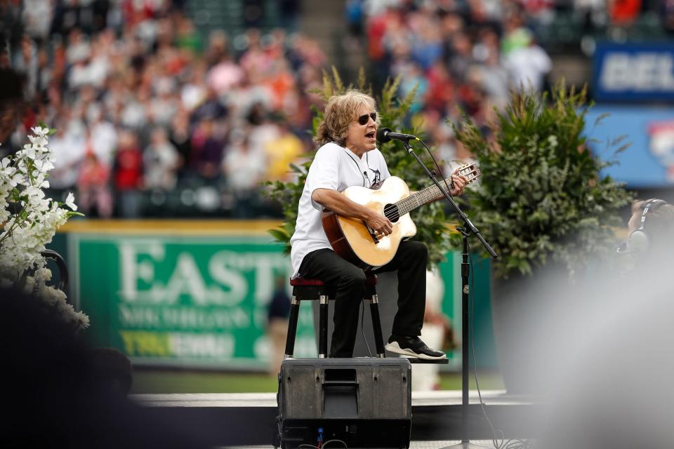 Jose Feliciano sings the national anthem during the Detroit Tigers celebration of the 50th anniversary of the 1968 World Series championship at Comerica Park in downtown Detroit on September 8, 2018.