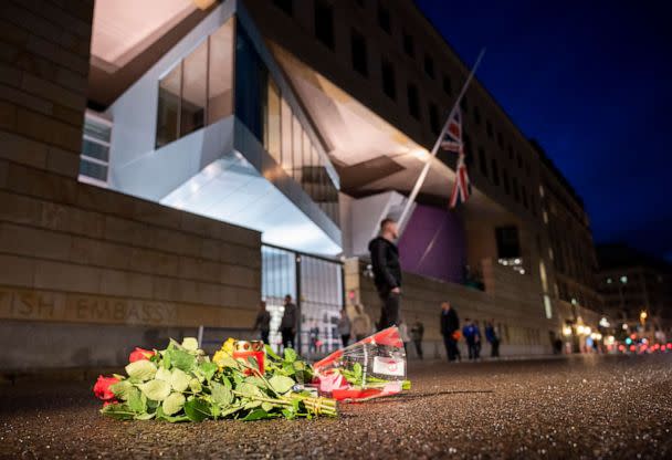 PHOTO: Flowers were laid outside the British Embassy in Berlin, Thursday, Sept. 8, 2022, following the death of Britain's Queen Elizabeth II. (Christophe Gateau/dpa via AP) (Christophe Gateau/DPA via AP)