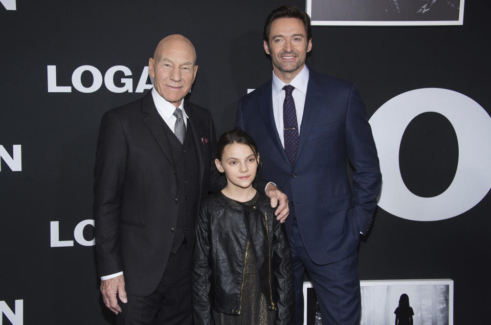 Patrick Stewart, left, Dafne Keen and Hugh Jackman attend a screening of "Logan" at Jazz at Lincoln Center's Frederick P. Rose Hall, on Friday, Feb. 24, 2017, in New York. (Photo by Charles Sykes/Invision/AP)