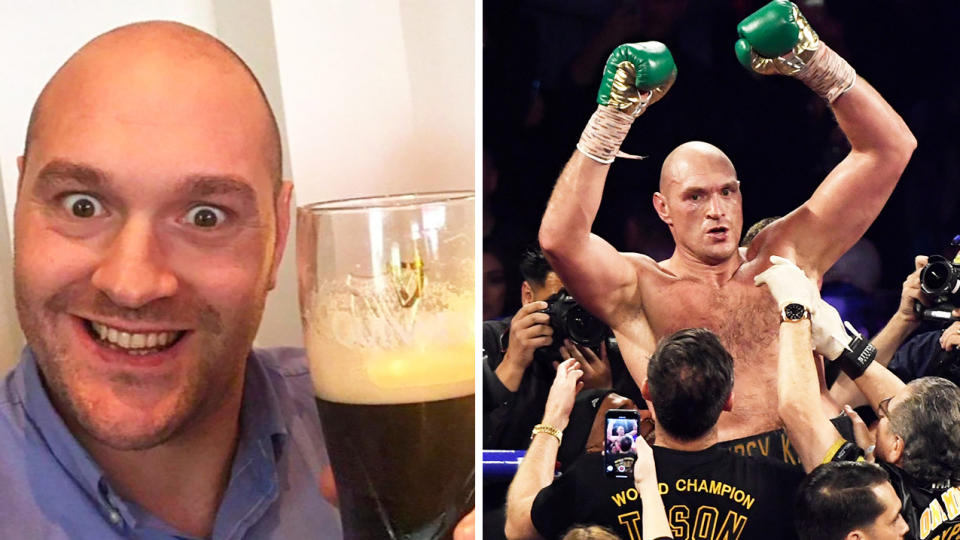 Tyson Fury (pictured right) celebrating his victory over Deontay Wilder and (pictured left) drinking a beer.