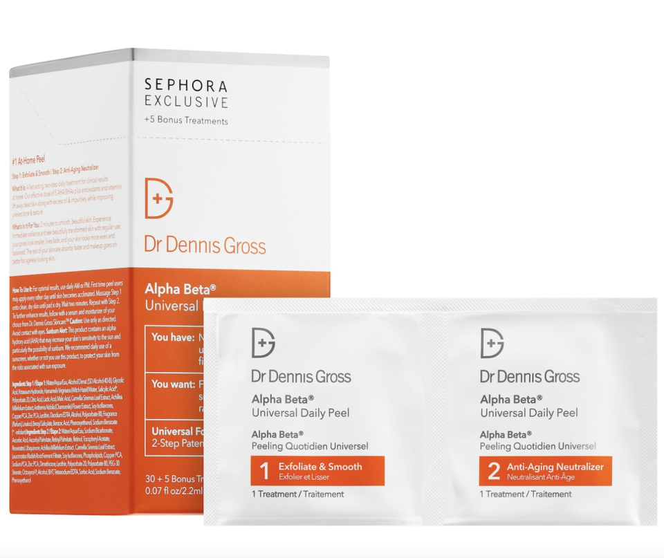 Dr. Dennis Gross Skincare Alpha Beta Universal Daily Peel in white and orange box (Photo via Sephora)