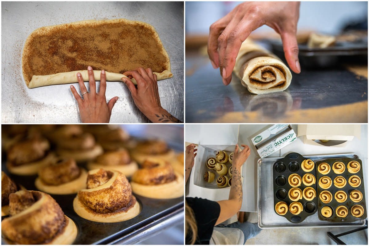 This grid of images shows a woman baking cinnamon rolls. 