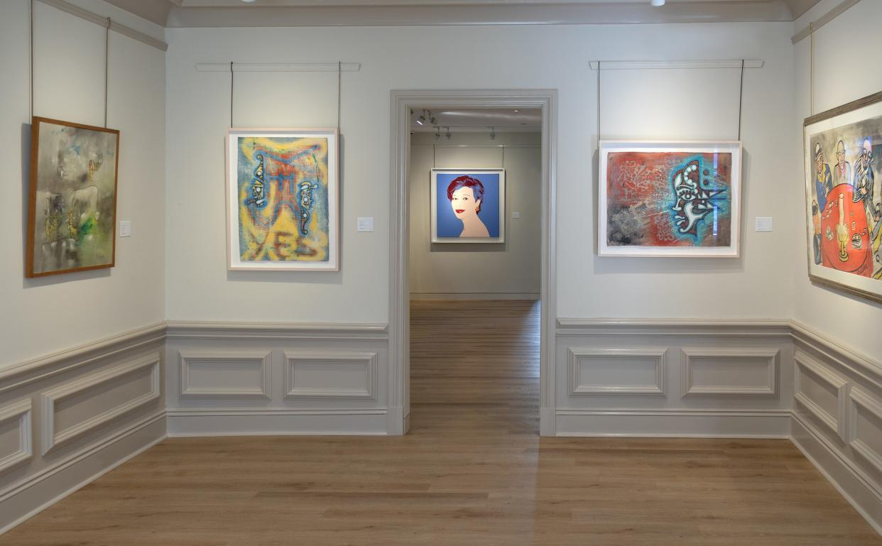 The Figurative Masters of the Americas exhibit at the Ann Norton Sculpture Gardens includes (from left): 'L'epreuve' by Roberto Matta; 'Untitled' by Carlos Luna; 'Portrait of Dorothy Blau-Blue' by Andy Warhol; 'Untitled' by Luna; and 'Les joueurs de cartes' by Alexander Calder.