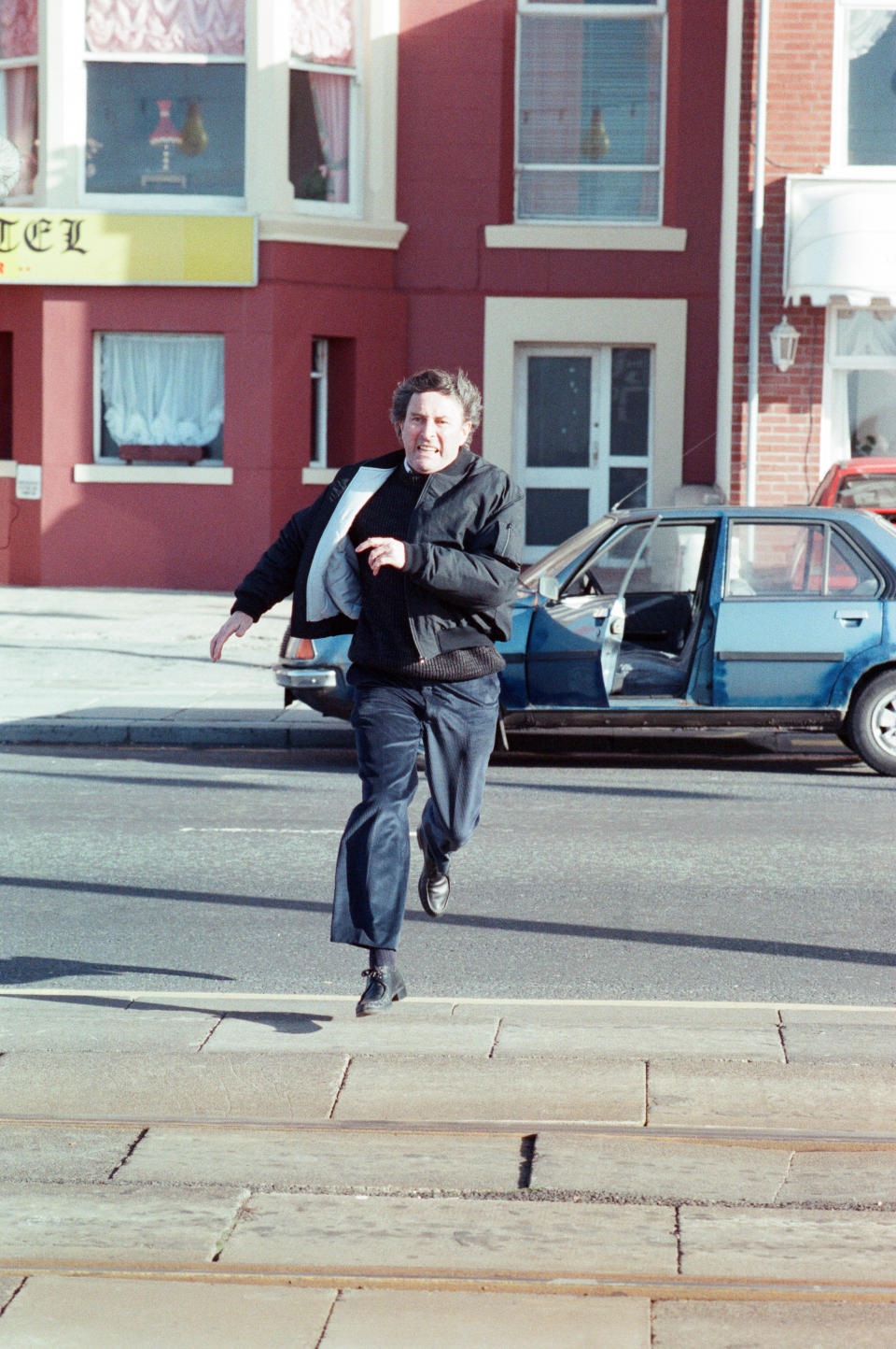 The cast of 'Coronation Street' filming scenes for death of Alan Bradley storyline in Blackpool. Mark Eden as Alan Bradley. 30th October 1989. (Photo by Andrew Stenning/Mirrorpix/Getty Images)