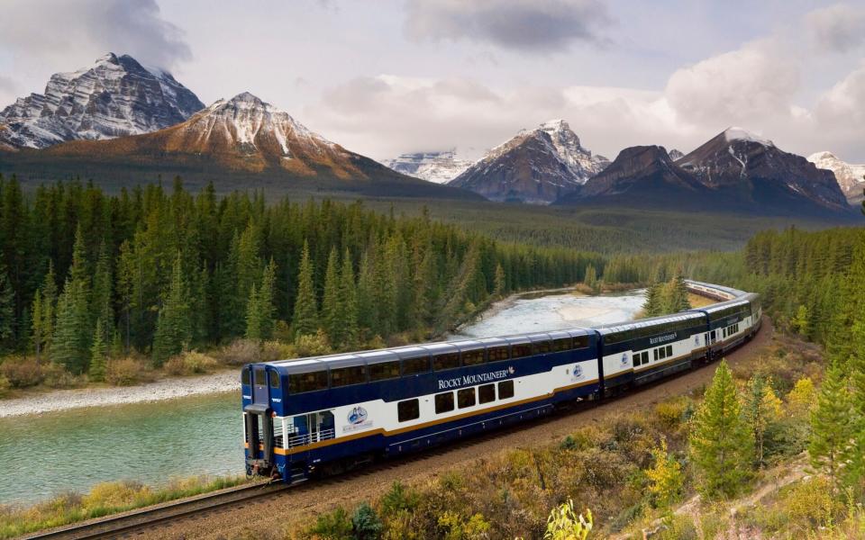 The right track: a passenger train at Morant’s Curve in Banff National Park, Canada