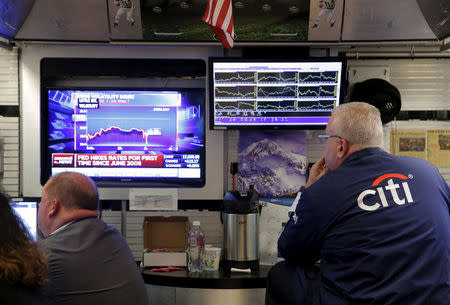 FILE PHOTO - Traders work on the floor of the New York Stock Exchange (NYSE) shortly after the announcement that the U.S. Federal Reserve had hiked interest rates for the first time in nearly a decade in New York, U.S., on December 16, 2015. REUTERS/Lucas Jackson/File Photo