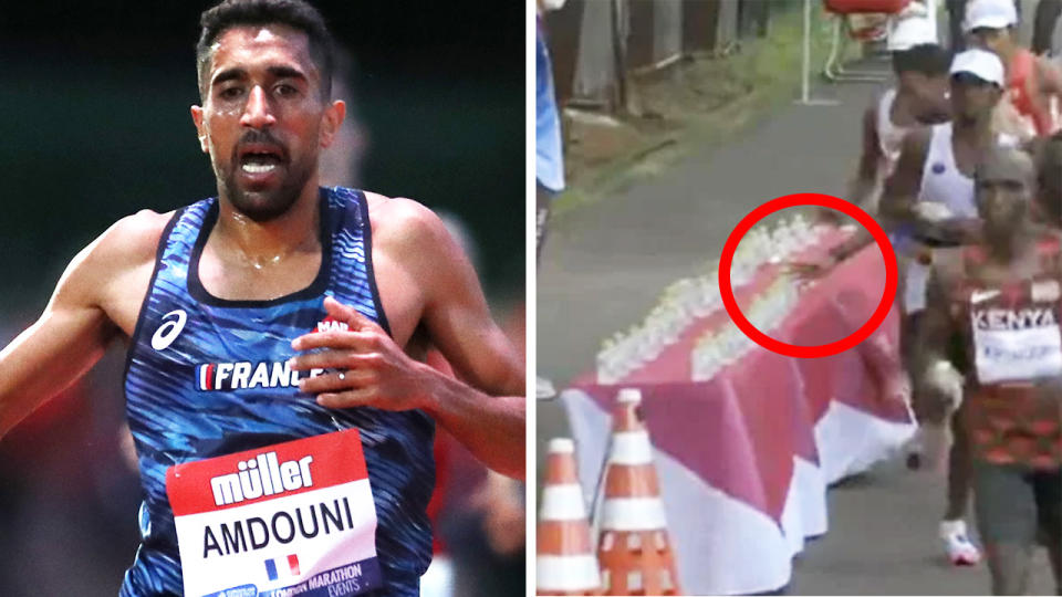 French runner Morhad Amdouni has explained a highly-criticised Tokyo Olympics gaffe in which he wiped out an entire row of water bottles during the marathon. Pictures: Getty Images/Channel 7