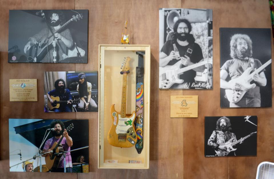 One of the guitars used by the Grateful Dead's de facto leader, the late Jerry Garcia, is shown on display at the 2022 Skull & Roses festival at the Ventura County Fairgrounds.