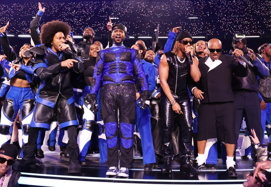 LAS VEGAS, NEVADA – FEBRUARY 11: (L-R) Ludacris, Usher, Lil Jon, Jermaine Dupri and will.i.am perform onstage during the Apple Music Super Bowl LVIII Halftime Show at Allegiant Stadium on February 11, 2024 in Las Vegas, Nevada. (Photo by Kevin Mazur/Getty Images for Roc Nation)