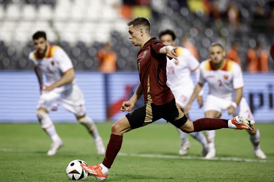 Belgium's Leandro Trossard scores a penalty during the International friendly football match between Belgium and Montenegro at the Baudoin King Stadium in Brussels on June 5, 2024. (Photo by KENZO TRIBOUILLARD/AFP via Getty Images)