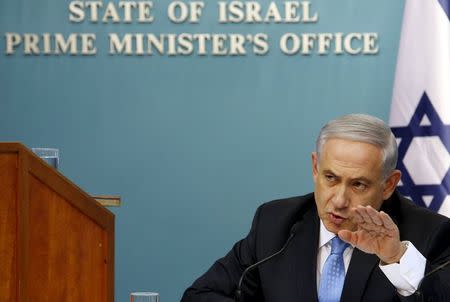 Israel's Prime Minister Benjamin Netanyahu speaks during a news conference at his office in Jerusalem in this file picture taken August 27, 2014. REUTERS/Nir Elias/Files