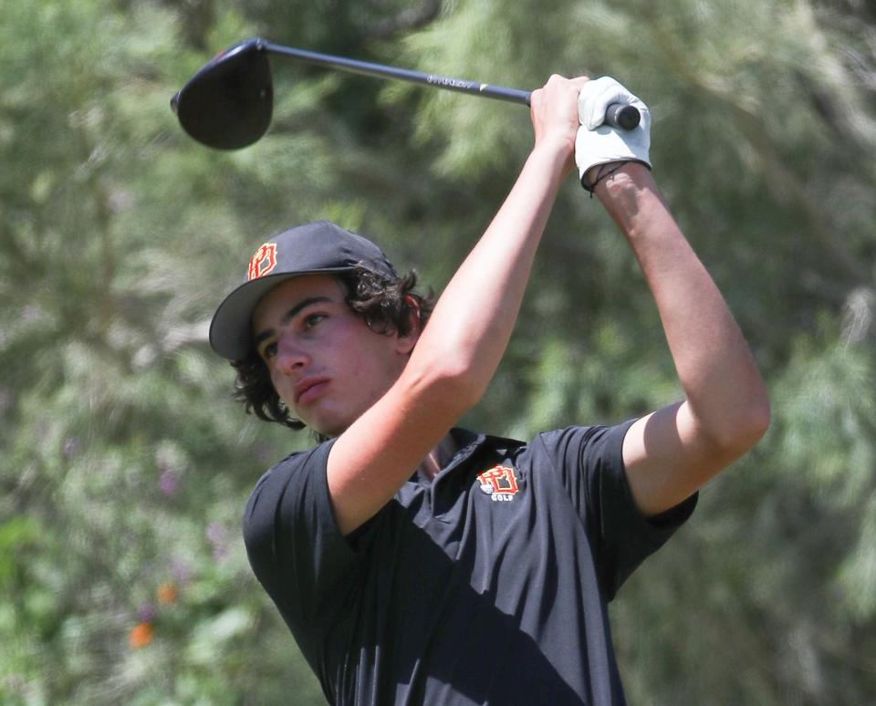 Max Margolis tees off on the seventh hole for Palm Desert High School during the Desert Empire League golf championships at the Mission Hills North Gary Player Signature Course in Rancho Mirage, Calif.,  May 3, 2023.