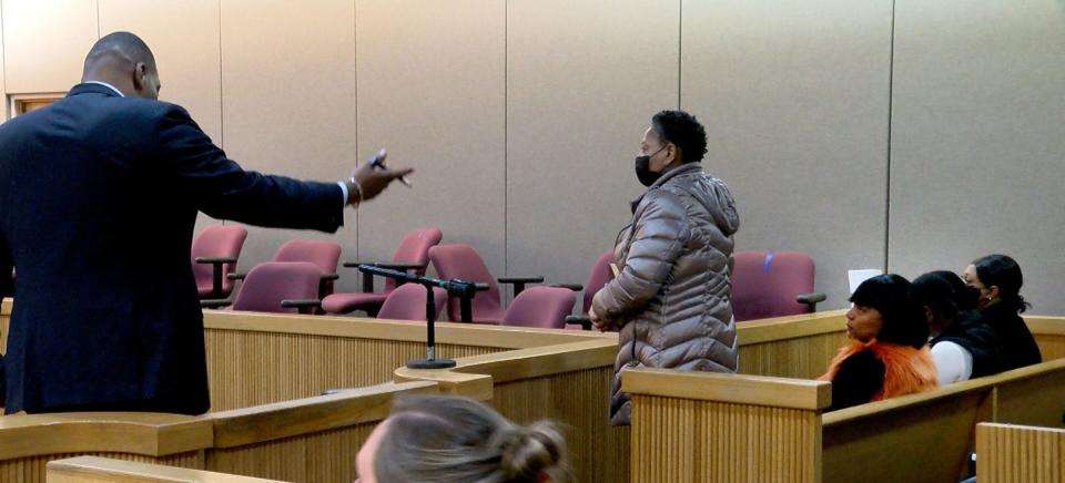 Michael Westbrook's defense attorney Mark Bailey introduces his mother Brenda Westbrook to the court Wednesday, January 18, 2023, at the Momonouth County Courthouse in Freehold.  Westbrook, charged in the Oceanport murder of Amad Jones, was later ordered released pending trial.