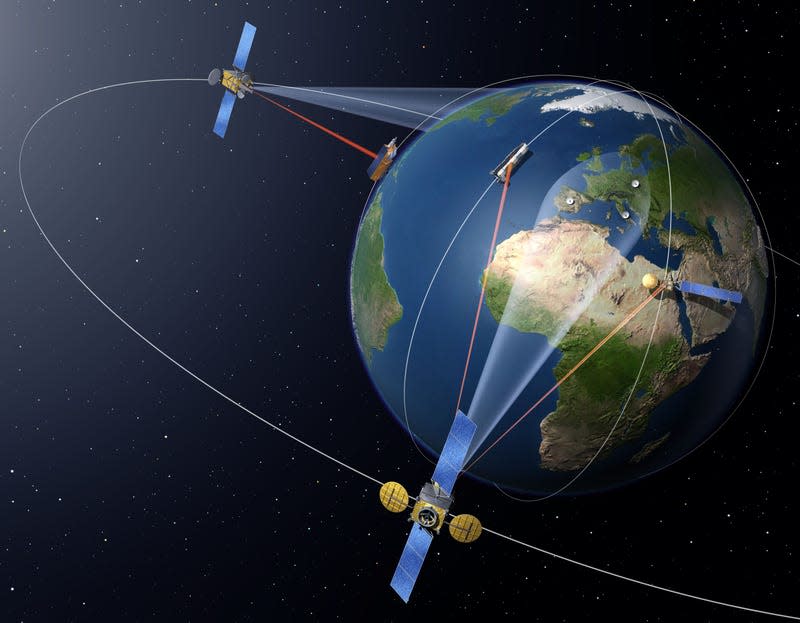 Artistic impression of European Data Relay Satellite (EDRS) system (not to scale). These satellites work in GEO and relay data to and from non-GEO satellites, spacecraft, and stations that aren’t otherwise capable of constant communications. 