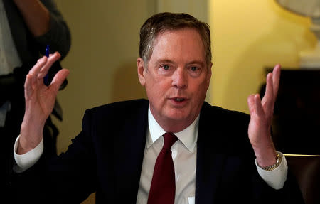 FILE PHOTO: U.S. Trade Representative Robert Lighthizer speaks during a meeting hosted by U.S. President Donald Trump with governors and members of Congress at the White House in Washington, U.S., April 12, 2018. REUTERS/Kevin Lamarque