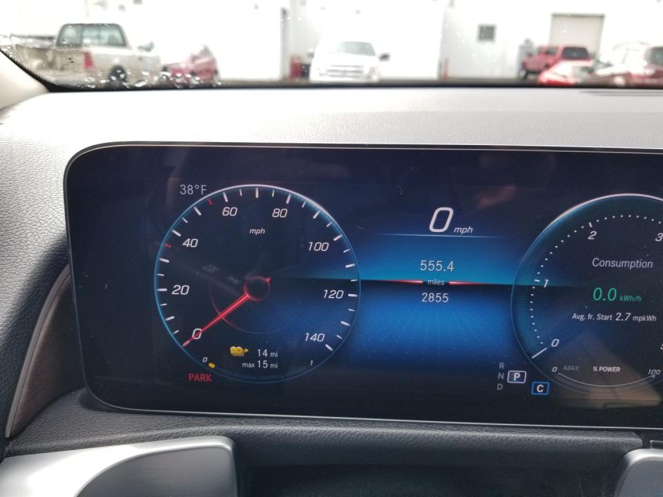 dashboard with speedometer for 2023 mercedes eqb showing 14 miles of range