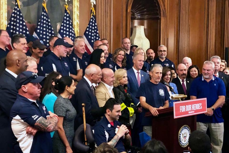 Entertainer and activist Jon Stewart, speaks at a news conference on behalf of 9/11 victims and families, Friday, July 12, 2019, at the Capitol in Washington. The House is expected to approve a bill Friday ensuring that a victims' compensation fund for the Sept. 11 attacks never runs out of money. (AP Photo/Matthew Daly) ORG XMIT: DCMD101