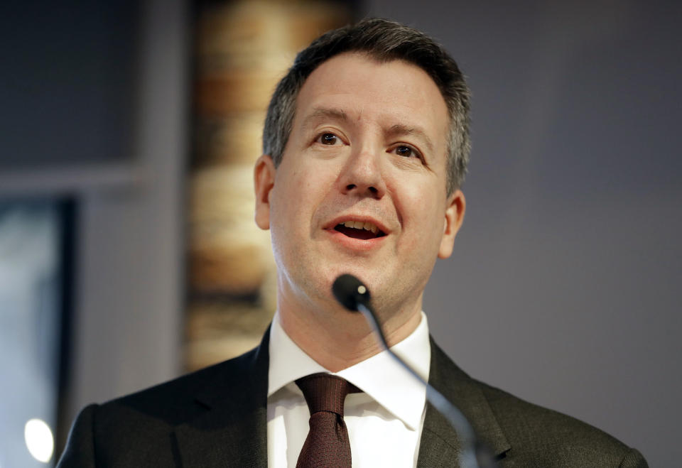 Chris Leslie speaks during a press conference to announce the new political party, The Independent Group, in London, Monday, Feb. 18, 2019. Seven British Members of Parliament say they are quitting the main opposition Labour Party over its approach to issues including Brexit and anti-Semitism. Many Labour MPs are unhappy with the party's direction under leader Jeremy Corbyn, a veteran socialist who took charge in 2015 with strong grass-roots backing. (AP Photo/Kirsty Wigglesworth)