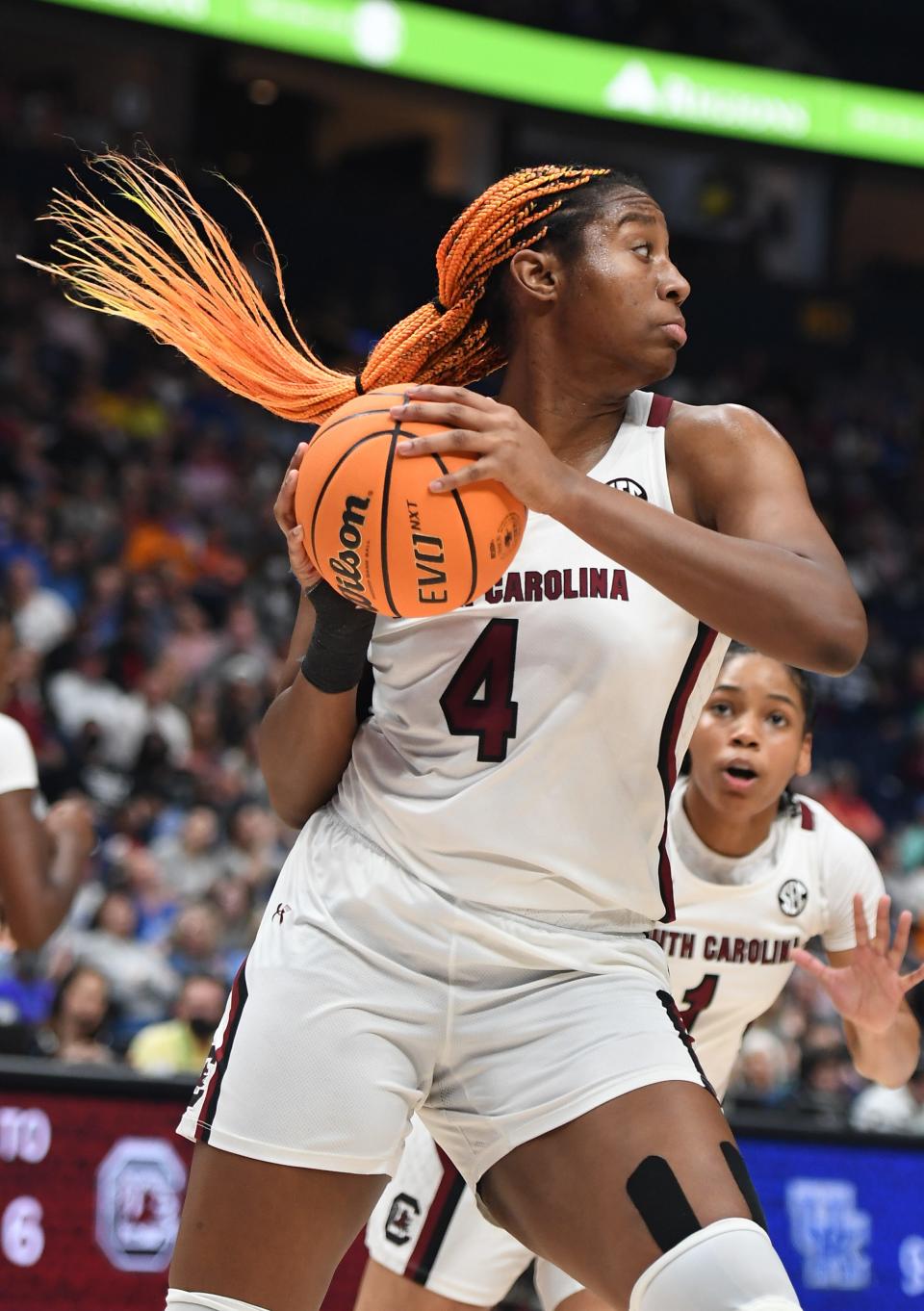 Mar 6, 2022; Nashville, TN, USA; South Carolina Gamecocks forward Aliyah Boston (4) grabs a rebound during the first half against the Kentucky Wildcats at Bridgestone Arena. Mandatory Credit: Christopher Hanewinckel-USA TODAY Sports