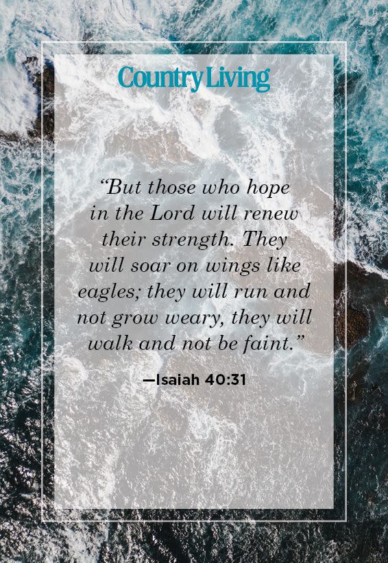 <p>"But those who hope in the Lord will renew their strength. They will soar on wings like eagles; they will run and not grow weary, they will walk and not be faint."</p>