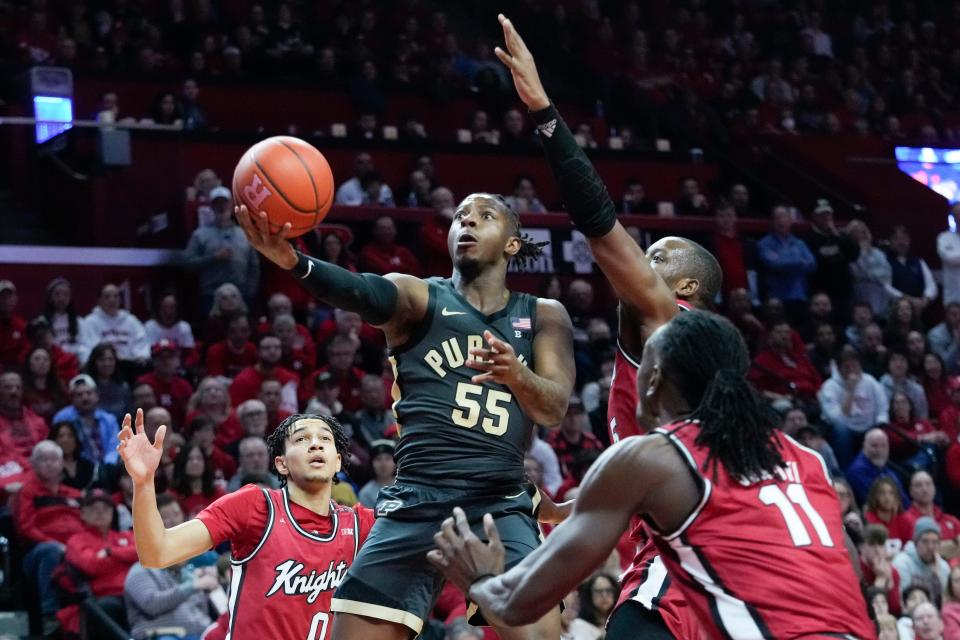 Purdue guard Lance Jones (55) goes to the basket in the first half off an NCAA college basketball game against Rutgers, Sunday, Jan. 28, 2024, in Piscataway, N.J. (AP Photo/Mary Altaffer)