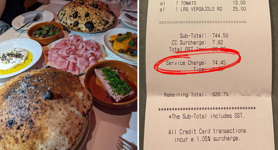 A group of diners at Bar Totti's in the Sydney CBD were shocked to get a service fee of $74.45, as well as $30 for three 1L bottles of water which they didn't know they were being charged for. Source: 7 News/Google Maps