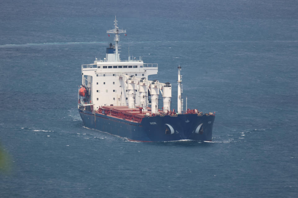 The Sierra Leone-flagged cargo ship Razoni, carrying Ukrainian grain, sails in the Bosphorus en route to Lebanon, in Istanbul, Turkey August 3, 2022. REUTERS/Yoruk Isik