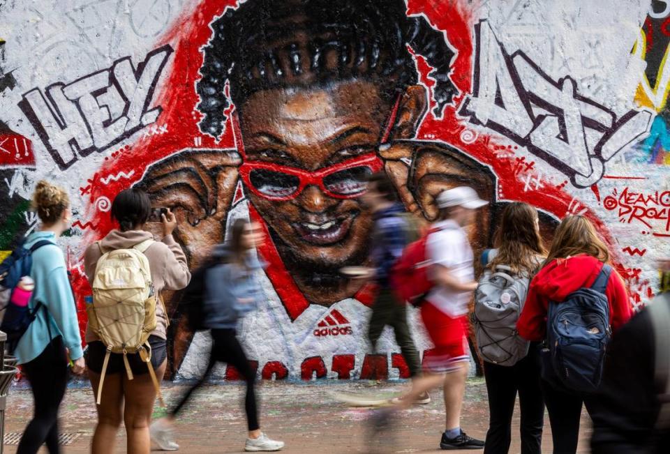 A mural of NC State’s DJ Burns Jr. spans a section of wall at an entrance to the Free Expression Tunnel on the university’s main campus on Thursday, April 4, 2024 as the men’s basketball team readies for the Final Four game on Saturday.